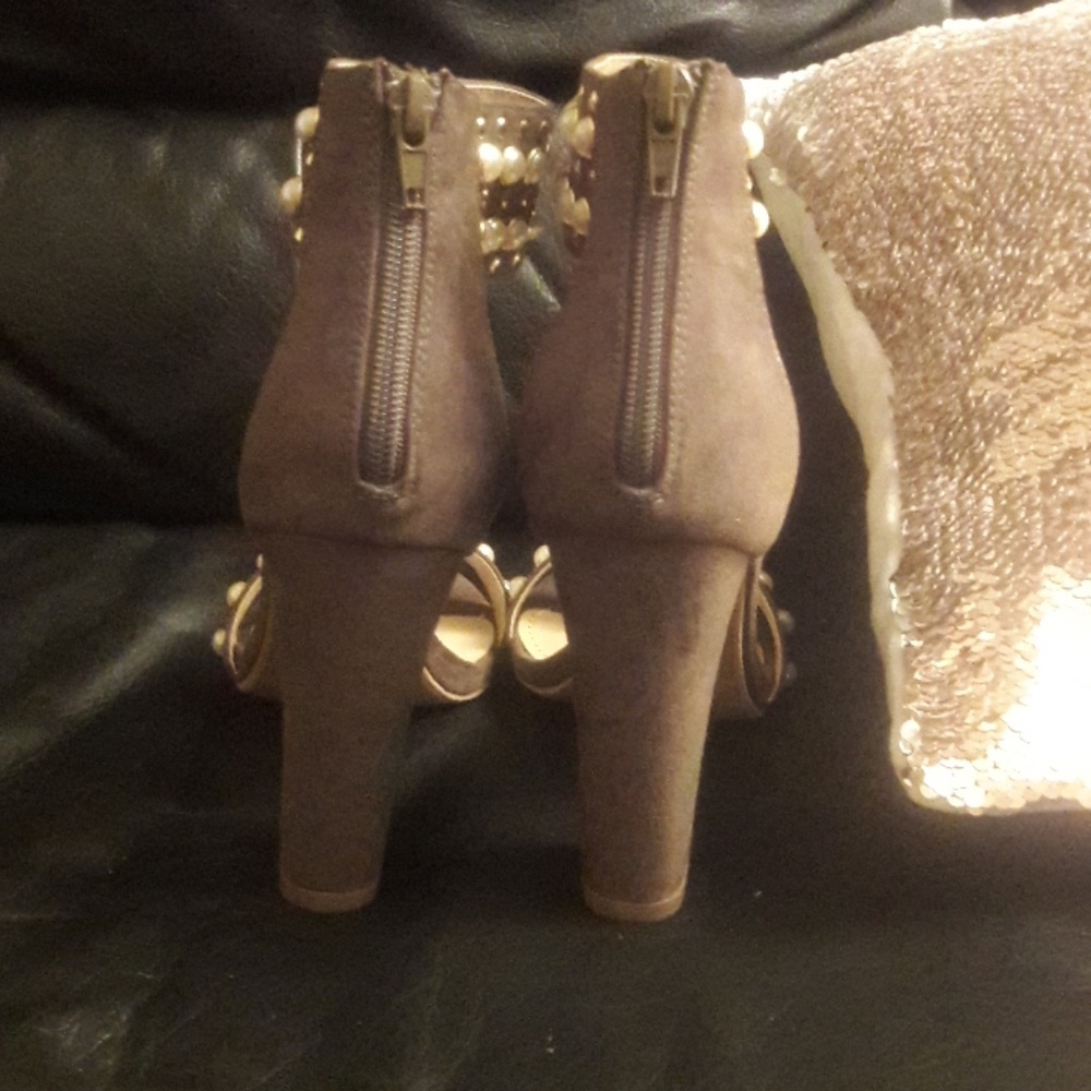 Olive Green suede pearl studded heels - Picture 3 of 4